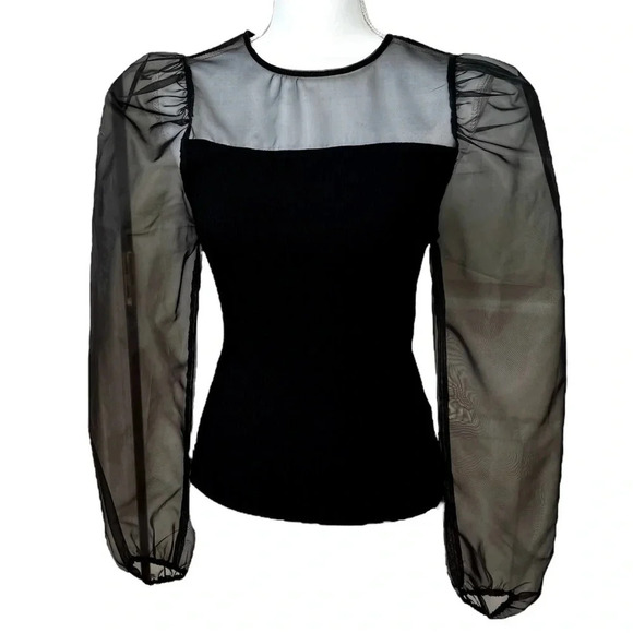 Black Sweater Top with Sheer Taffeta Long Balloon Sleeves Size S - Picture 6 of 8